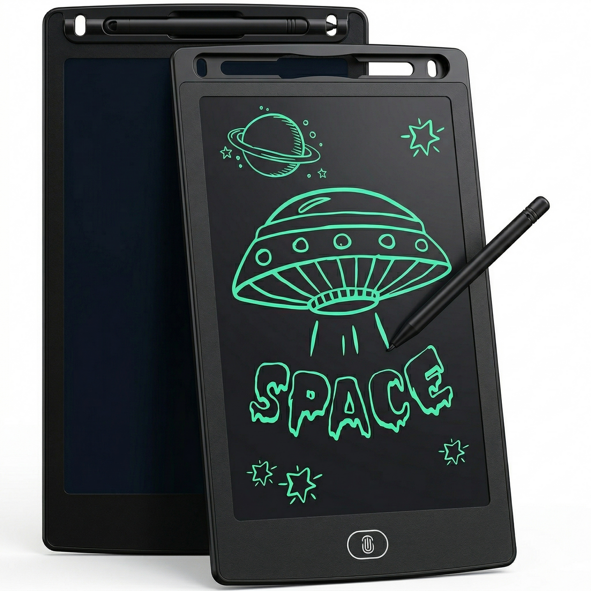 Aydınlık bir masada kalemli LCD yazı tabletine çizim yapan çocuk